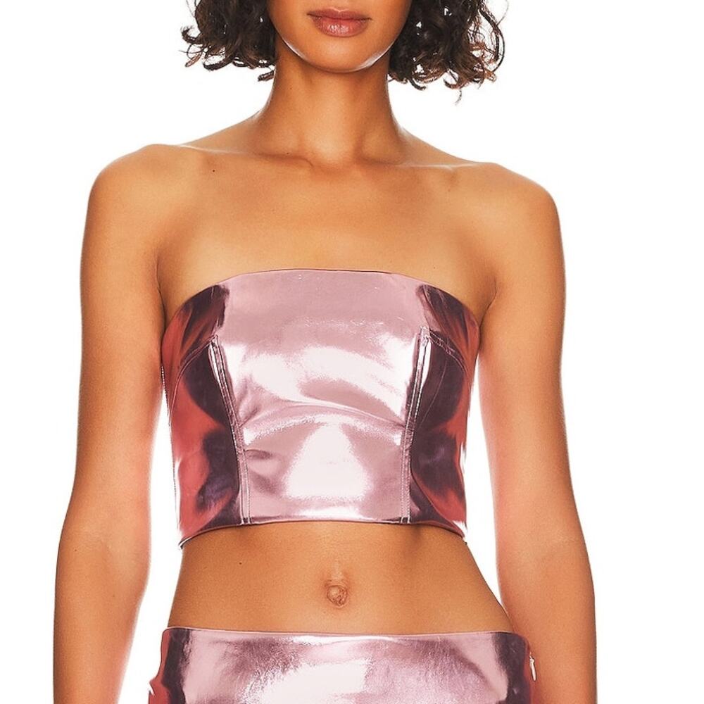 Song of Style Karlee Crop Top Pink Metallic Faux Leather Strapless Back Zip Sz S